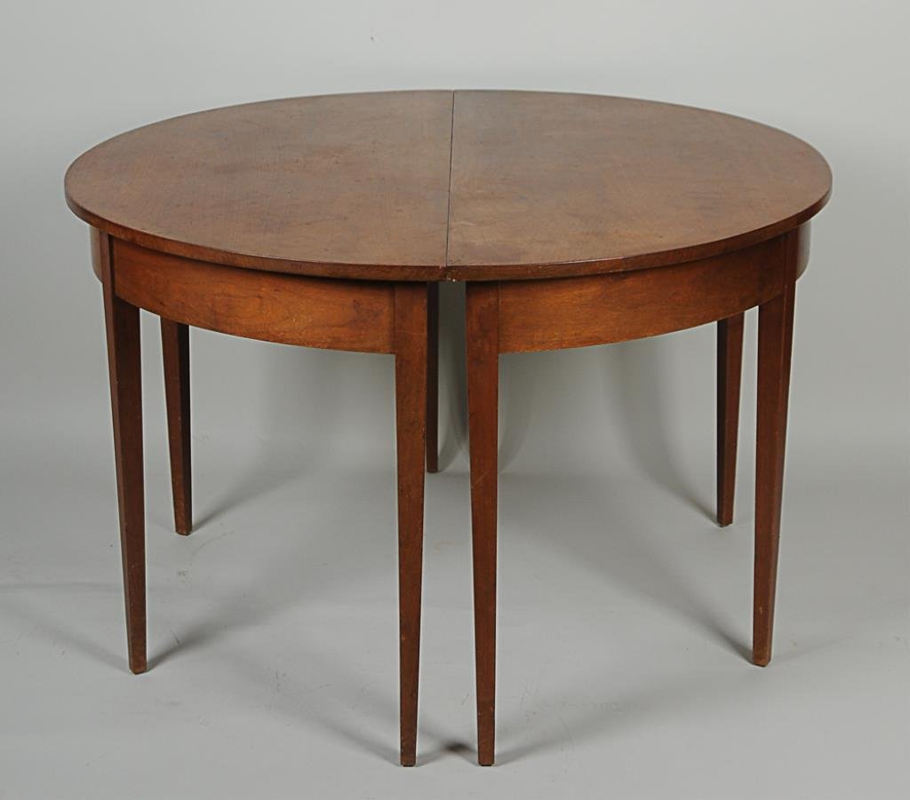 Hepplewhite Style Dining Table Walnut, tapered legs,: Walnut, tapered legs, 48" round table with 18" leaf, 30 1/4"H, early 20th century