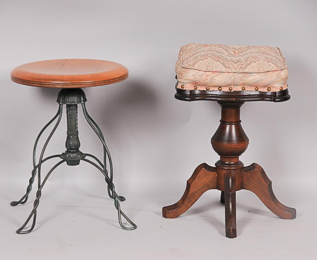 2 Piano Stools 1st item: Maple swivel seat over twisted: 1st item: Maple swivel seat over twisted metal legs, legs painted green--2nd item: Turned pedestal and four shaped legs support 14" square upholstered seat, 20"H (E3599, E6030)