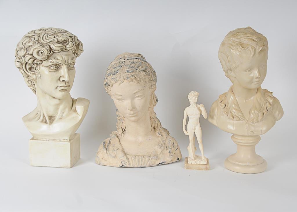 4 Items--Statue & 3 Busts 1st item: Bonded marble: 1st item: Bonded marble statue of David on polished marble base, 9"H--2nd item: Plaster bust of French female, label on bottom "Attila's Original Repro of the Artist"; 13"H, 10 1/2"W--3rd item: Compos