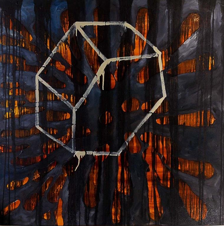Francesca "Frahn" Koerner (New Orleans, LA): "Jacob's Ladder", mixed media on canvas, verso with title and signed "Koerner 96 / To My Dear Friend Mary--Frahn"; 47"W, 46 1/2"H, 2"D--Koerner received her Bachelor of Fine Arts degree in painting fr