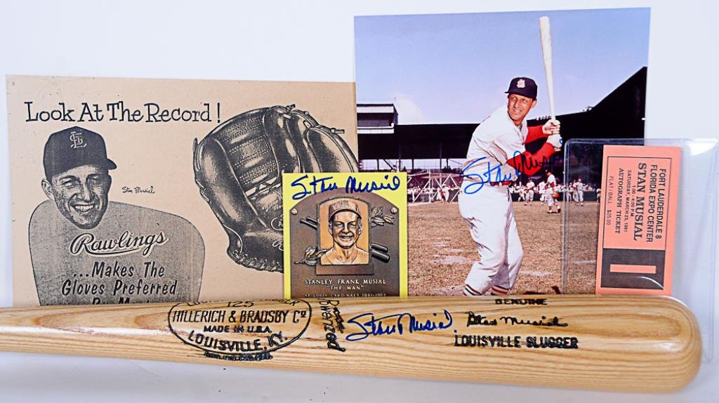 Stan Musial Signed Bat, Photo, Card, Ticket: Lot consists of four items related to Stan Musial, three with his autograph--1st item: Stan Musial signed personal model bat, M159 Louisville Slugger Hillerich & Bradsby Co. 125 professional grade bat