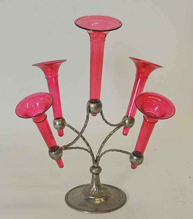 Cranberry Glass Epergne: Five cranberry glass vases in silver metal holder with round base, 15"H, 14 1/2"W, good condition