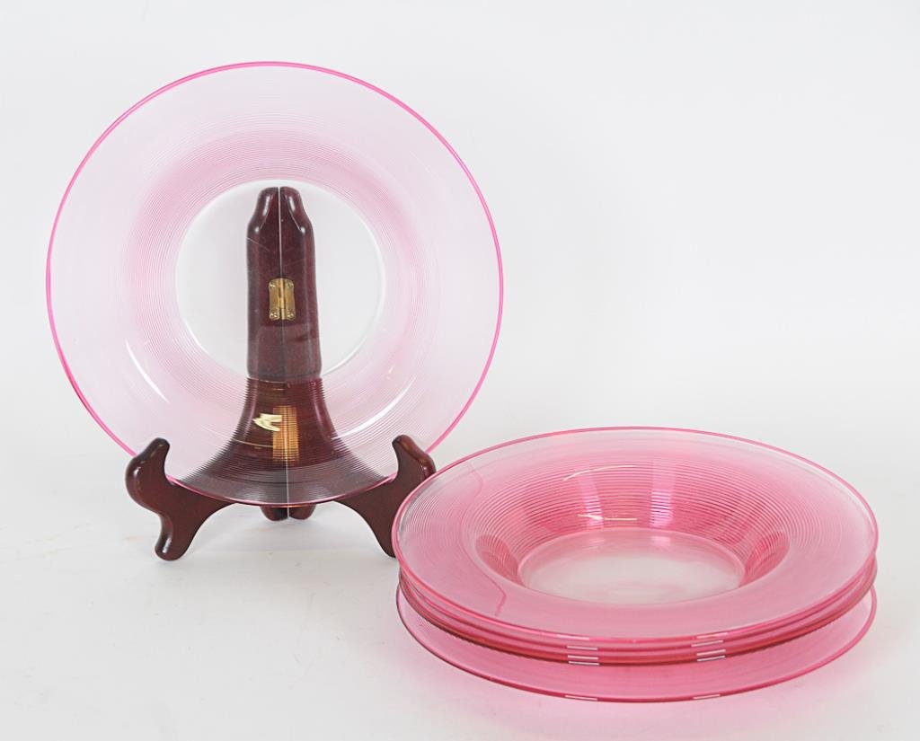 Set of 6 Cranberry Threaded Glass Soup Bowls: Set of six clear glass rimmed soup bowls with cranberry threaded rim border and cranberry threading to exterior of flared rim and sides, unmarked, probably Steuben or Stevens & Williams; 9" dia., 1 1/