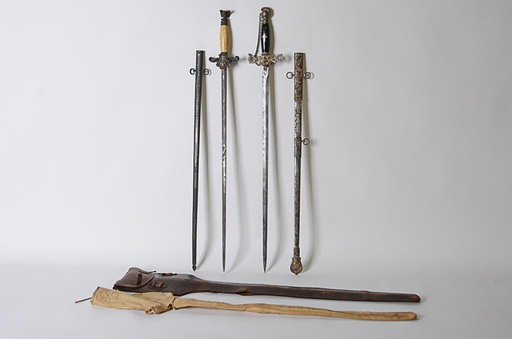2 Fraternal Swords & Leather Carrying Case: 1st item--Masonic Knights Templar sword by M.C. Lilley & Co., Columbus, Ohio; blade etched both sides, one side with name "Beverly Henry Tucker"; black grip with silver cross inlay; knight's helm pomm