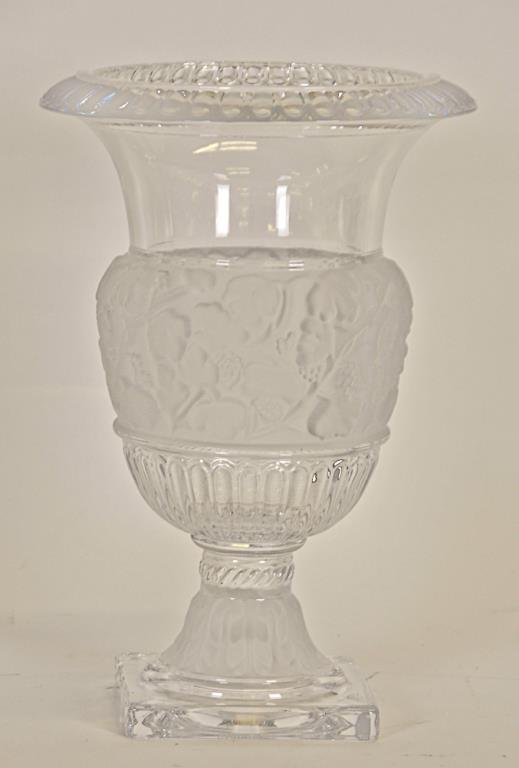 Lalique Style Crystal Vase by Godinger: "Athena" vase by Godinger, Lalique style clear and frosted glass urn form vase, having a frosted band with molded decoration of grapevines, square base, 12"H, good condition with a few light scratches