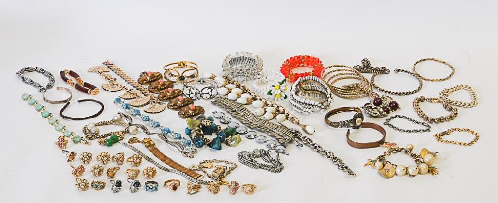 Lot of Costume Jewelry--Bracelets & Rings: 37 vintage bracelets, marks include S.S., Weiss, Napier, Sperry, Japan, gold filled----21 rings, some marked HGE