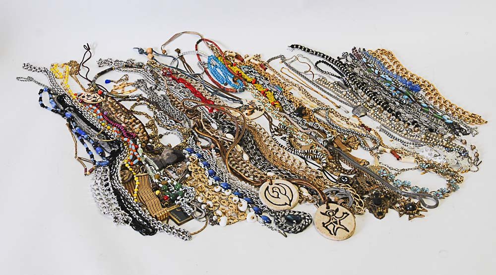 Over 90 Vintage Necklaces: Marks include Metzke, JJ, Swank, Vendom, Trifari, Monet, Vickers Originals, Coventry, Japan, TAT, Antaya, Barclay, Medici, among others; varying lengths; possible losses