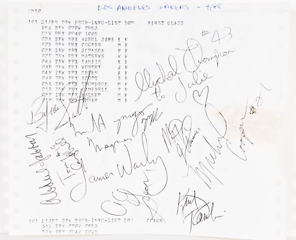 11 1988 LA Lakers Signatures--Johnson, Jabbar: Eleven signatures from the 1988 L.A. Lakers, autographs gathered by stewardess on a computerized listing as she delivered drink orders, autographs include: Magic Johnson, James Worthy, Abdul Jabbar, T