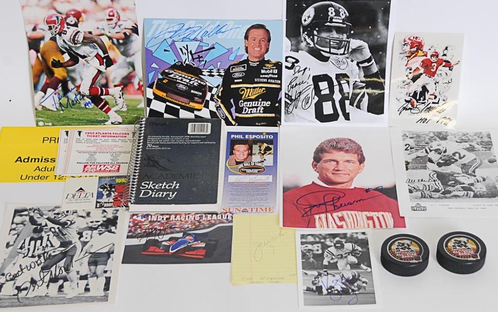 Collection of 30 Sports Figures Autographs: A total of thirty autographs including: 3 3/4" x 9" brochure with picture of Phil Esposito, signed by Phil Esposito; also includes two NHL All Star game Boston 1996 pucks----8" x 10" print signed by R