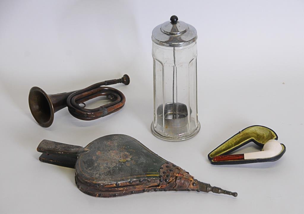 Brass Bugle, Meerschaum Pipe, Bellows, Sterilizer: Lot of four miscellaneous items: Brass bugle with applied eagle medallion, 9 3/4"L, dents and repairs----Meerschaum pipe in original case----Early wooden bellows with hand painted floral decoration, 1