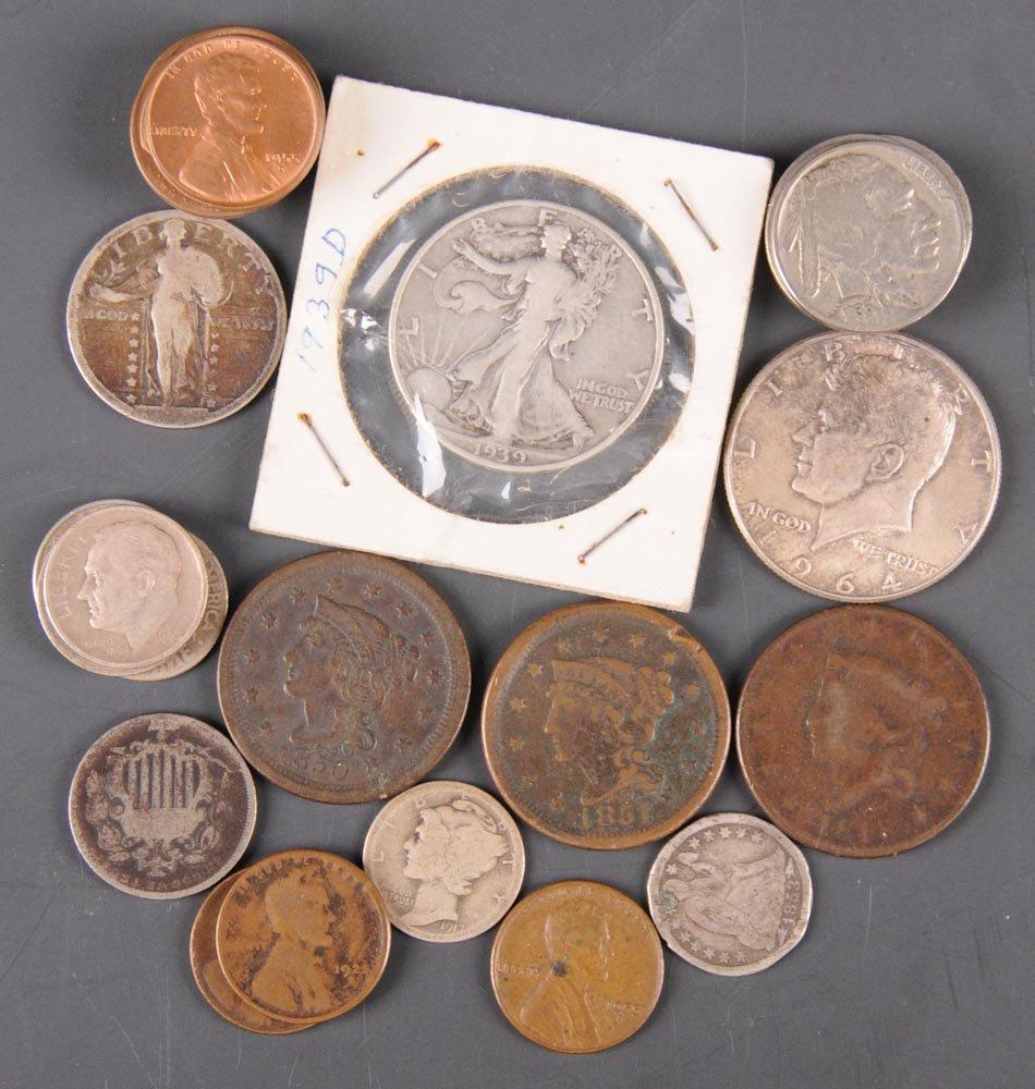 Assortment of U.S. Coins: Two half dollars 1939D, 1964; one date worn quarter; six dimes 1853, 1917, 1946, 1947, 1948, 1959; two five cents with worn dates; three 1936 nickels; three one cent 1818, 1850, 1851; ten pennies 1911