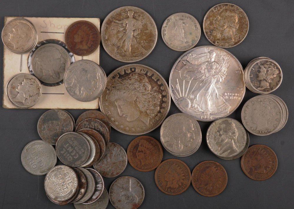 Assorted U.S. Coins: (14) Buffalo Head Nickels; (13) Mercury Dimes; (7) 1964 or older Truman Dimes; (4) V Nickels; (3) 1940s Nickels; (1) 1903 Penny; (1) 1953 Quarter; (1) 1945 Half Dollar; (1) 20 Centavos Pilipinas; (1) 