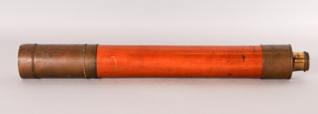19th C. U.S. Navy Ship's Spyglass, JJ Messer: Single draw ship's spyglass, wood and brass, engraved "U.S. Navy / No. 395" and with maker's name "J. J. Messer London / Day or Night", all lenses present; length collapsed 20 in., length fully drawn 