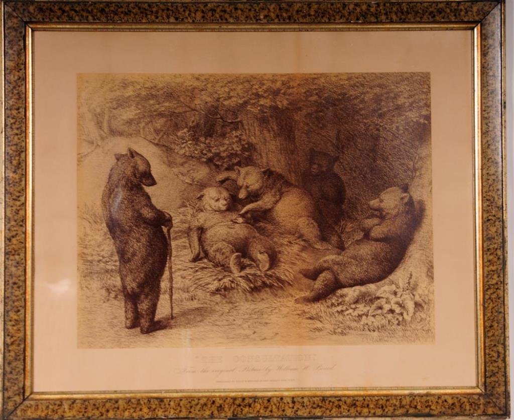 Rare American Print after William Holbrook Beard: c. 1873 print "The Consultation", published by Louis R. Menger, 28 Dey Street, New York; after the painting by William Holbrook Beard (1825-1900), a satirical scene depicting anthropomorphic bears as