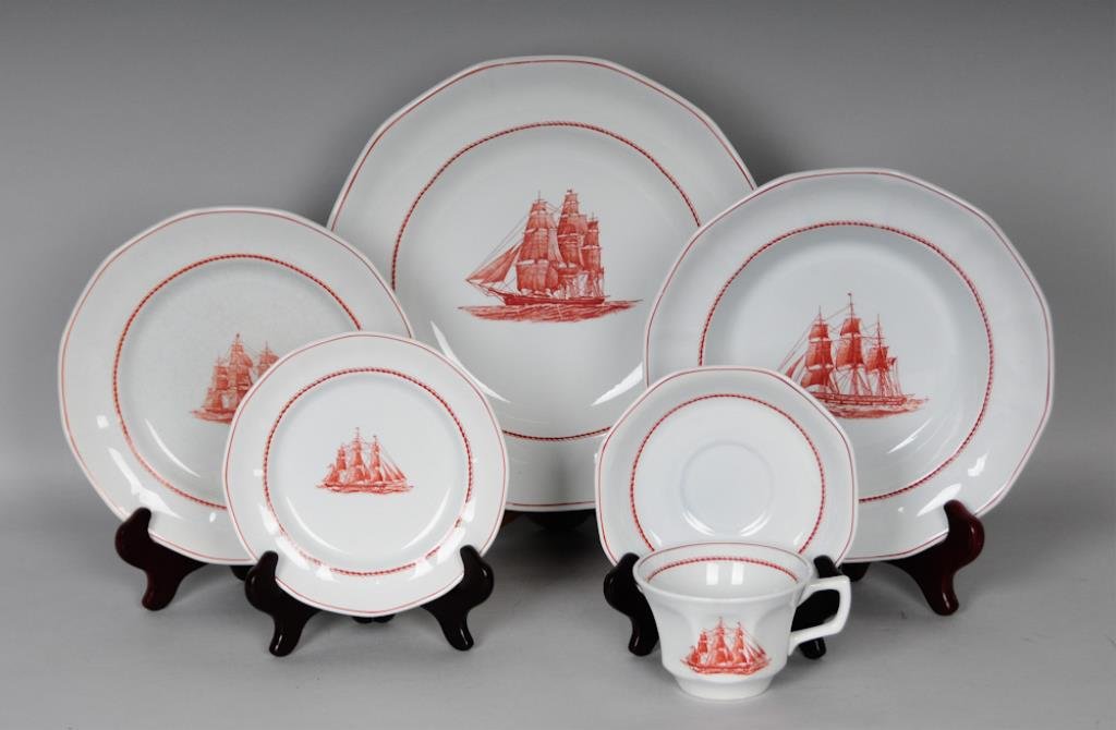 48 Pcs. Wedgwood "Flying Cloud" Dinner Service: Eight 10" plates (one with large rim chip), four 9" soup bowls (one with hairline to center), eight 5 3/4' bread and butter plates, eight 8" salad plates (two with faint hairlines, two with crazing an