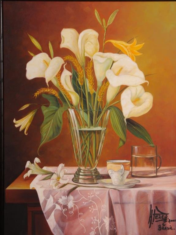 Jose Higino Perea (Peru, 20th/ 21st C.): Still life depicting a vase of calla lillies, a glass and a cup and saucer on a cloth covered tabletop; signed lower right "H. Perea / 2001 / Brasil"; oil on canvas; in wood frame; sight 30 3/4 x 23; 