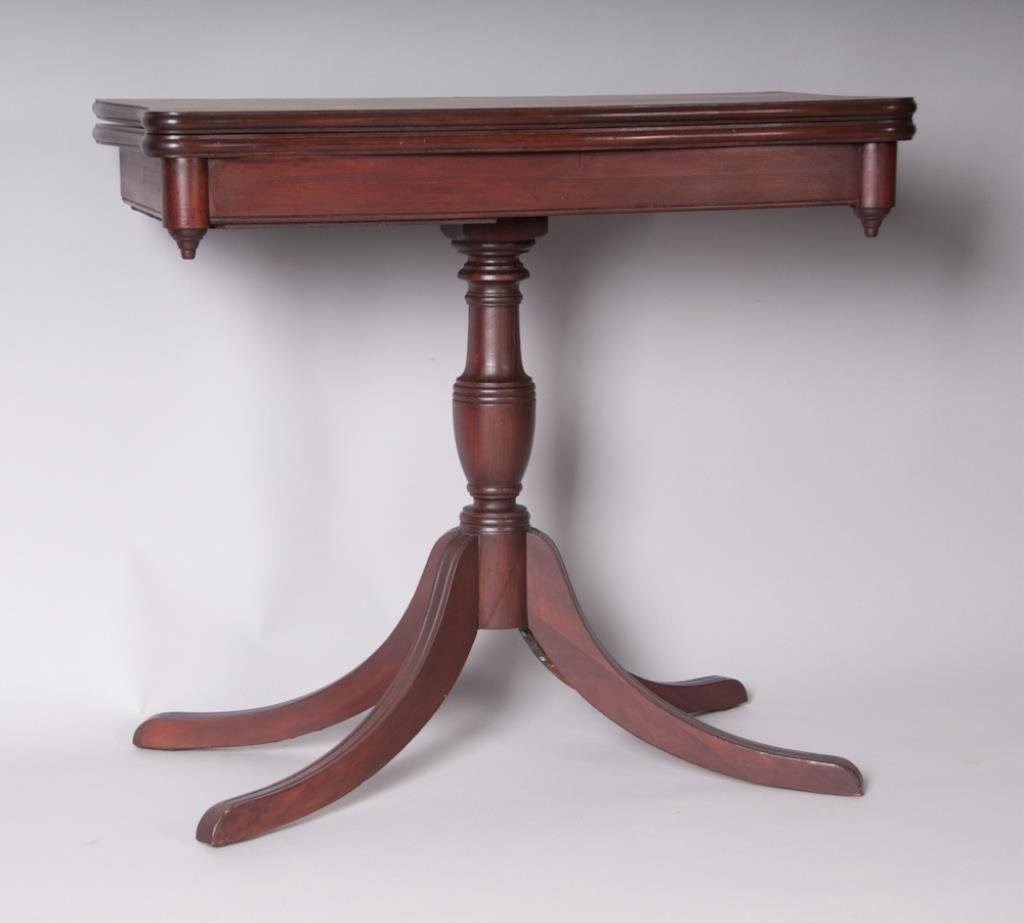 2 Tables--Duncan Phyfe and Queen Anne Styles: Lot contains two tables: Duncan Phyfe style mahogany card table, early 20th century; width 31 in., depth 15 1/2 in. opening to 31 in., height 29"; small loss of veneer at fold when opened----Queen Ann