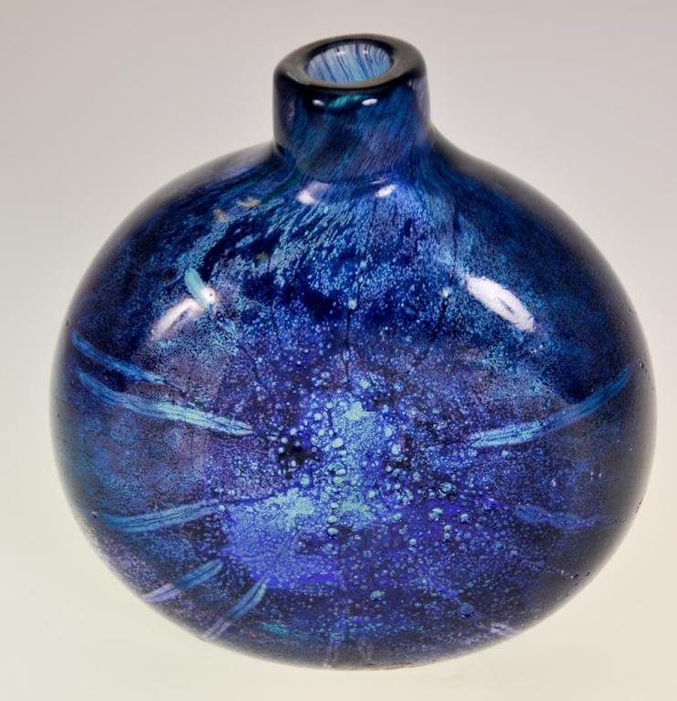 Kosta Cobalt Art Glass Vase, Goran Warff: Kosta flat-sided vase in cobalt, flat front with design resembing a cosmological explosion, flat polished back, signed on bottom "Kosta Y7266 Warff"; Kosta label on back; height 5 3/4 in., width 5 1/2