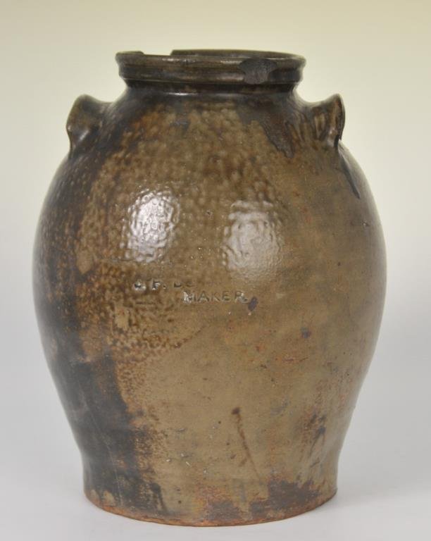J. P. Bodie, Edgefield, Ovoid Storage Jar: Jesse P. Bodie Pottery, Kirksey's Crossroads, Edgefield District, South Carolina; stamped "J. P. Bodie / Maker" (partial) to center front, 12"H; chips to rim, hairline crack (Ref. 149-1)