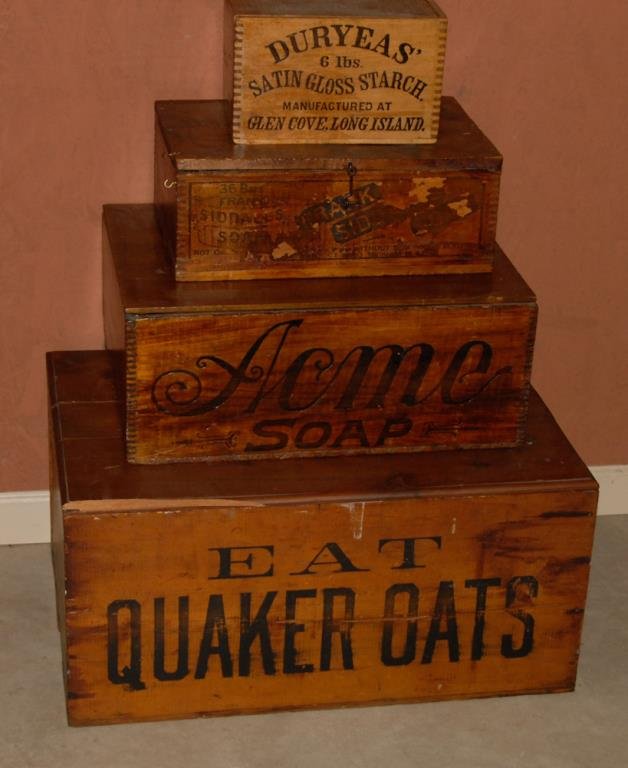 Lot of 4: Wooden Advertising Boxes: Four early wooden advertising boxes or shipping crates----1st item: "Quaker Rolled White Oats", The American Cereal Co., holds 36 two-pound packages, multi-colored paper label on one end, front and ba