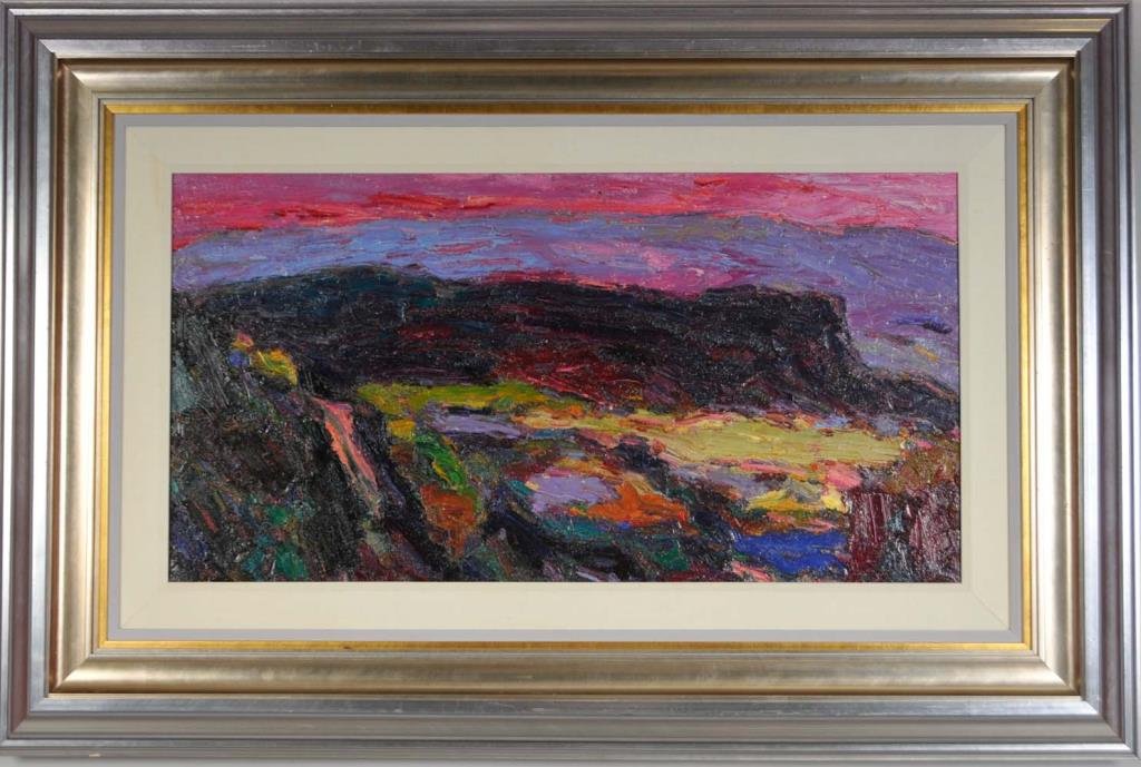 Jim Rabby (American, New Mexico, Contemporary): Abiquiu--My Spirit Soars, 1995, oil on canvas, signed lower right "RABBY"; verso with title, date and signature in black on stretcher; silver and gilt wood frame; sight width 37 1/2 in., height 19 1/2