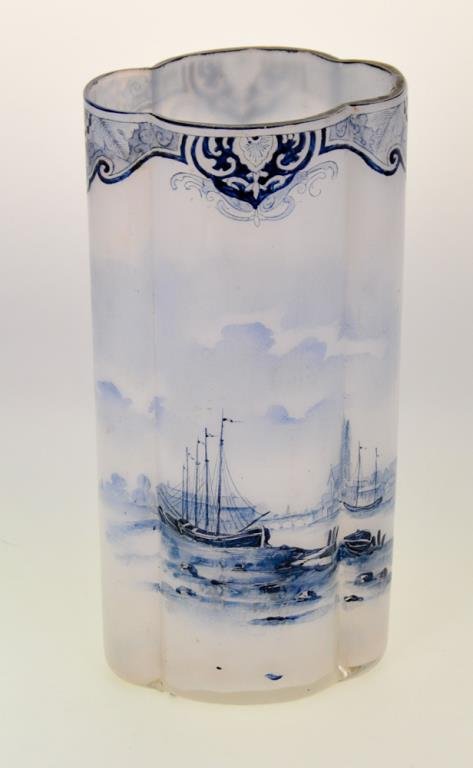 Legras & Cie. French Enameled Art Glass Vase: Colorless glass overlaid with white opal glass, painted with blue enamel, decorated with sailing ships and harbor scene, quatrefoil lobed form; unsigned, attributed to Legras & Cie., Saint-Denis, c. 1