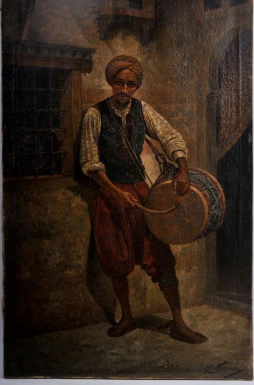 Orientalist Painting, L. Neruba: 19th century oil on canvas depicting a Middle Eastern street musician with his drum, signed lower right "L. Neruba", ornate wood and gesso frame with scrolled leaves and fruit including pomegranates a