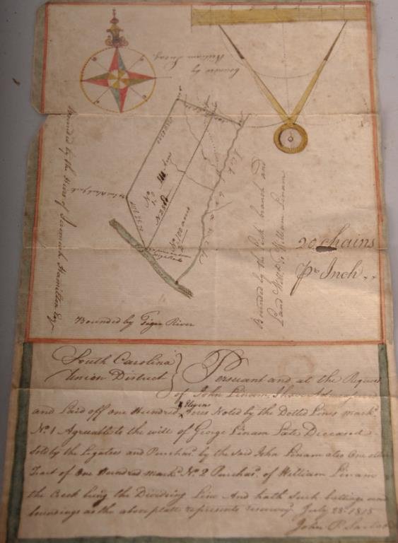 1815 South Carolina Land Survey & 1829 Deed: Hand drawn land survey, South Carolina, Union District, dated July 28, 1815; unusually decorated with hand drawn and colored compass rose and compass divider indicating scale, colored borders; 211 acr