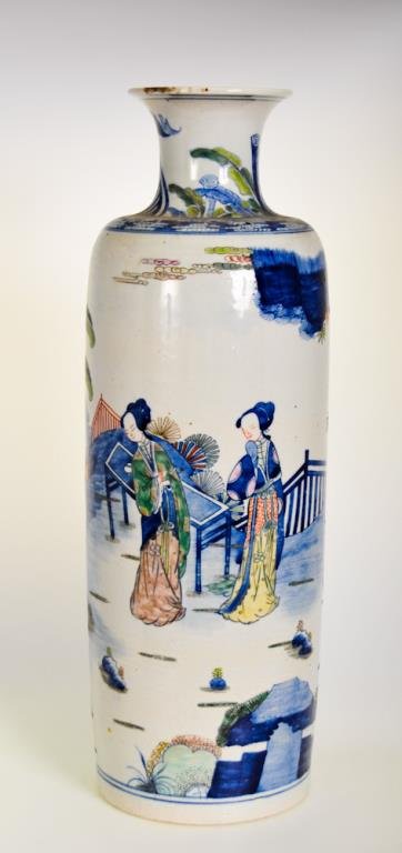 Large Chinese Rouleau Porcelain Vase: Polychrome decorated, neck with palm fronds and birds, shoulder with a bat and cloud border, body with colorful scenes of female figures in a garden landscape, unsigned; height 21 1/2 in.; some discol