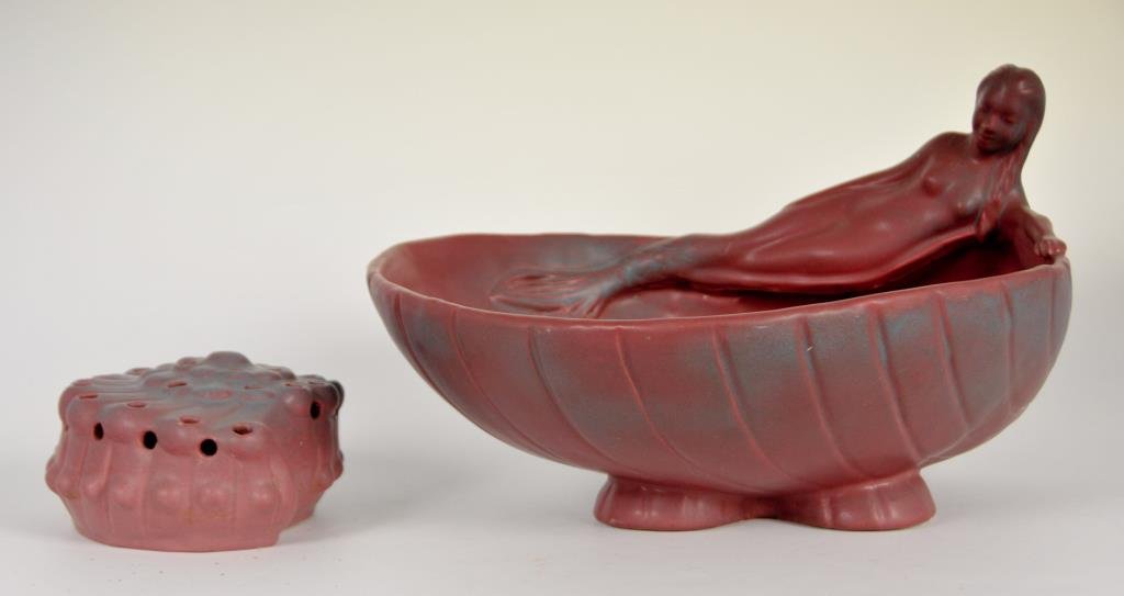 Large Van Briggle Mermaid Bowl w/ Flower Frog: Large centerpiece bowl in the form of a seashell with mermaid on the rim and fish on the interior, flower frog in the form of a Nautilus shell, base of bowl marked "Van Briggle Colo. Spgs." and with V