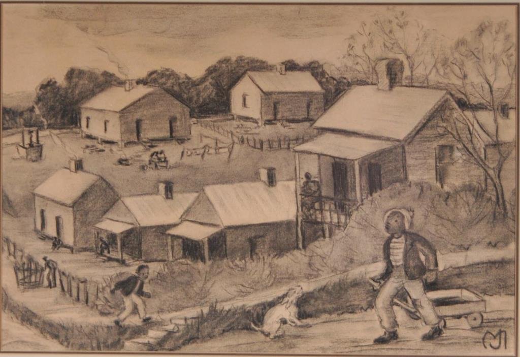 May Asbury Jones (Louisiana/Georgia, 1901-1986): Charcoal drawing, "View from Liberty Street, Milledgeville, Georgia" depicting houses, figures and dogs; monogram signature lower right, matted and under glass in wood frame; sight 21 1/4"W x 14 1/4"H