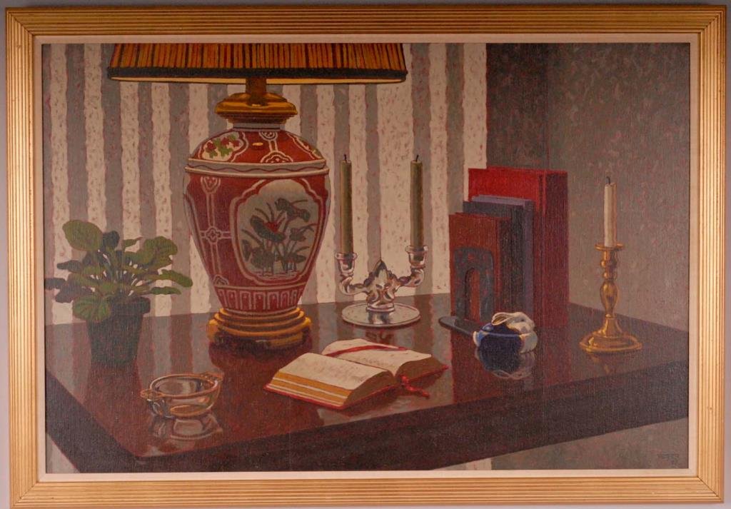Stuart A. Roper (American, 20th/21st Century): Still life "My Bedside Table" depicting a lamp, books, candlesticks and other items displayed on a table; oil on canvas; signed and dated lower right "Roper 87"; title and artist information on canvas