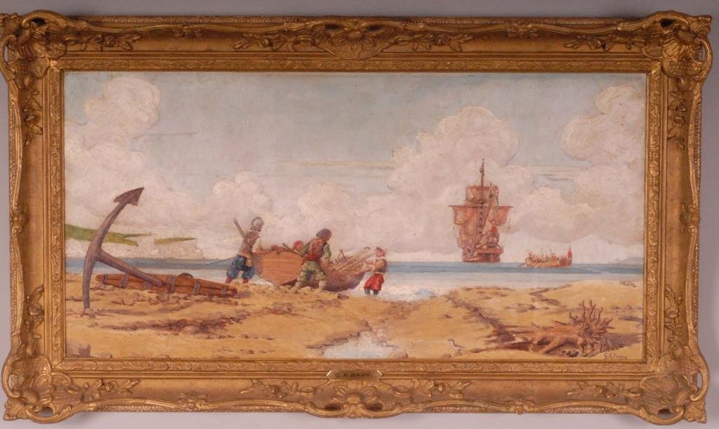 Painting of Spanish Galleon Anchored in Bay: Marine scene depicting a 17th century Spanish galleon anchored in bay, one row boat crossing to ship and another row boat and figures on shore preparing to leave, large anchor on shore probably from a