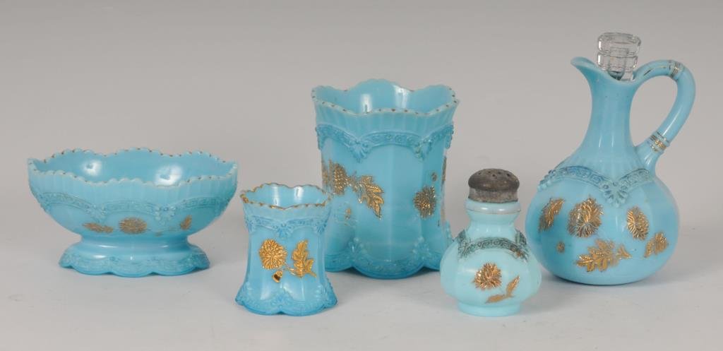 5 Pcs. Chrysanthemum Sprig / Pagoda: Northwood Glass Co., c. 1899; opaque blue with blue staining and gilt decoration; five pieces comprising: 2 3/4"H toothpick holder, flea bites and/or roughness to scalloped base----Sauce or berry bowl