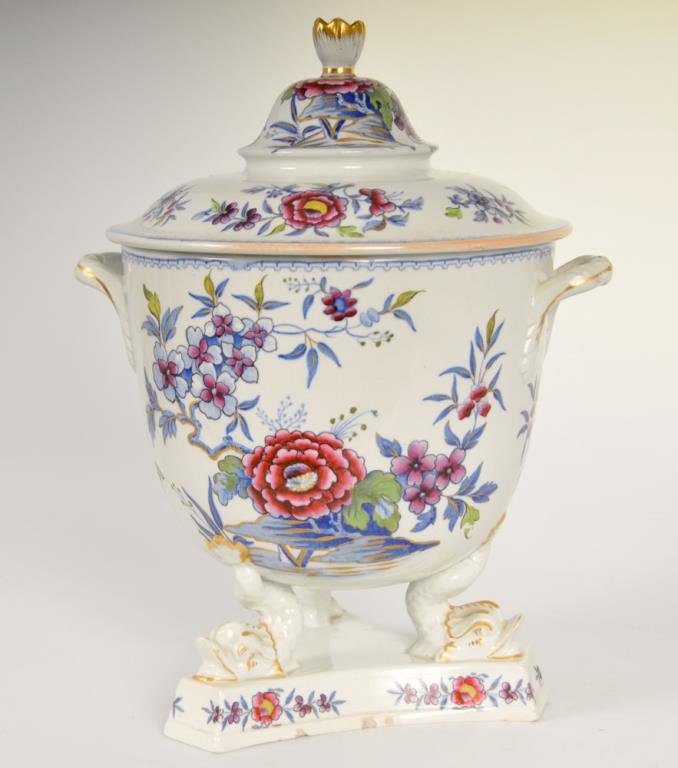 Early 19th Century English China Covered Tureen: John & William Ridgway, stamped on base in blue with 1814-1830 mark "Stone China J&W R" within a shield and foliate branches; covered tureen with overall polychrome floral decoration, bowl with double