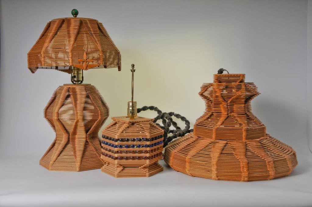 3 Folk Art Popsicle Stick Lamps: One table lamp with base and shade composed of popsicle sticks, 23"H to top of finial--One table lamp with base composed of popsicle sticks and glass marbles, 9 3/4"H to top of socket--One tiered hang