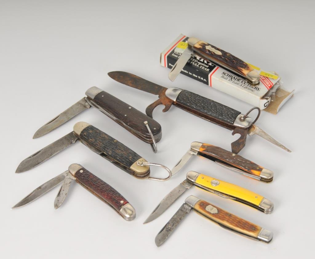 Lot of 8 Pocket Knives: Including: Uncle Henry Schrade Cutlery in original box, Kutmaster, Camillus, (2) Sabre, Craftsman, Imperial (Providence, RI), one marked U.S.A.