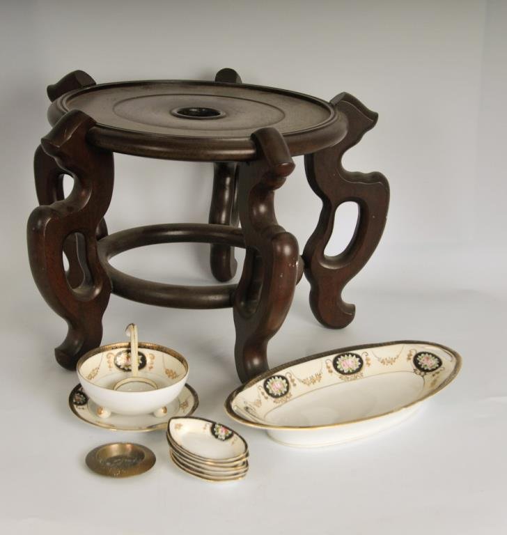 10-Pc. Nippon Set & Wooden Chinese Stand: Ten-piece Nippon porcelain set, decorated with oval floral cartouches outlined in gilt and connected by gilt floral swags, set includes 12 1/4 x 5 3/4 serving dish with open handles, six 2 1/4 x 3 1/2