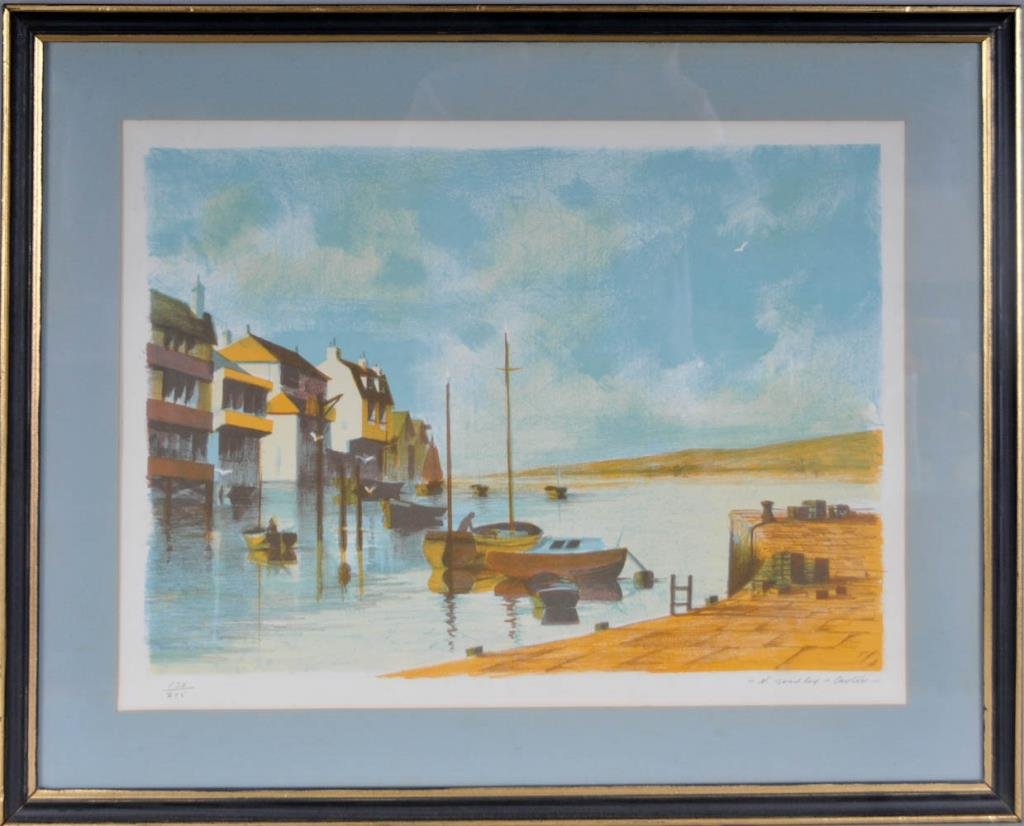 Nicholas Bradley Carter (English, b. 1924): Signed and numbered limited edition print depicting a coastal harbor scene with sailboats; numbered lower left "138/275" and signed lower right "N. Bradley-Carter"; authentication label attached verso