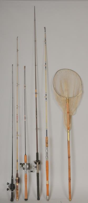 Lot of Fishing Gear: Fish net with brass fitted bamboo handle, 63 3/4"L----Rod with Garcia Kingfisher GK-24 reel----Rod marked "Certified and Approved By Ted Williams For Active Americans" with Pflueger Summit 1294 reel--