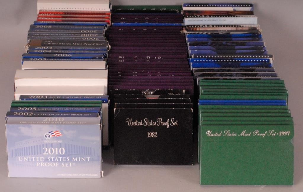 Large Grouping of U.S. Mint Proof Sets: U.S. Proof sets: (1) 1970, (3) 1981, (3) 1982, (3) 1983, (3) 1984, (3) 1985, (3) 1986, (3) 1987, (3) 1988, (3) 1989, (3) 1990, (3) 1991, (3) 1992, (3) 1993, (3) 1994, (3) 1995, (3) 1996, (3) 1997, (3)