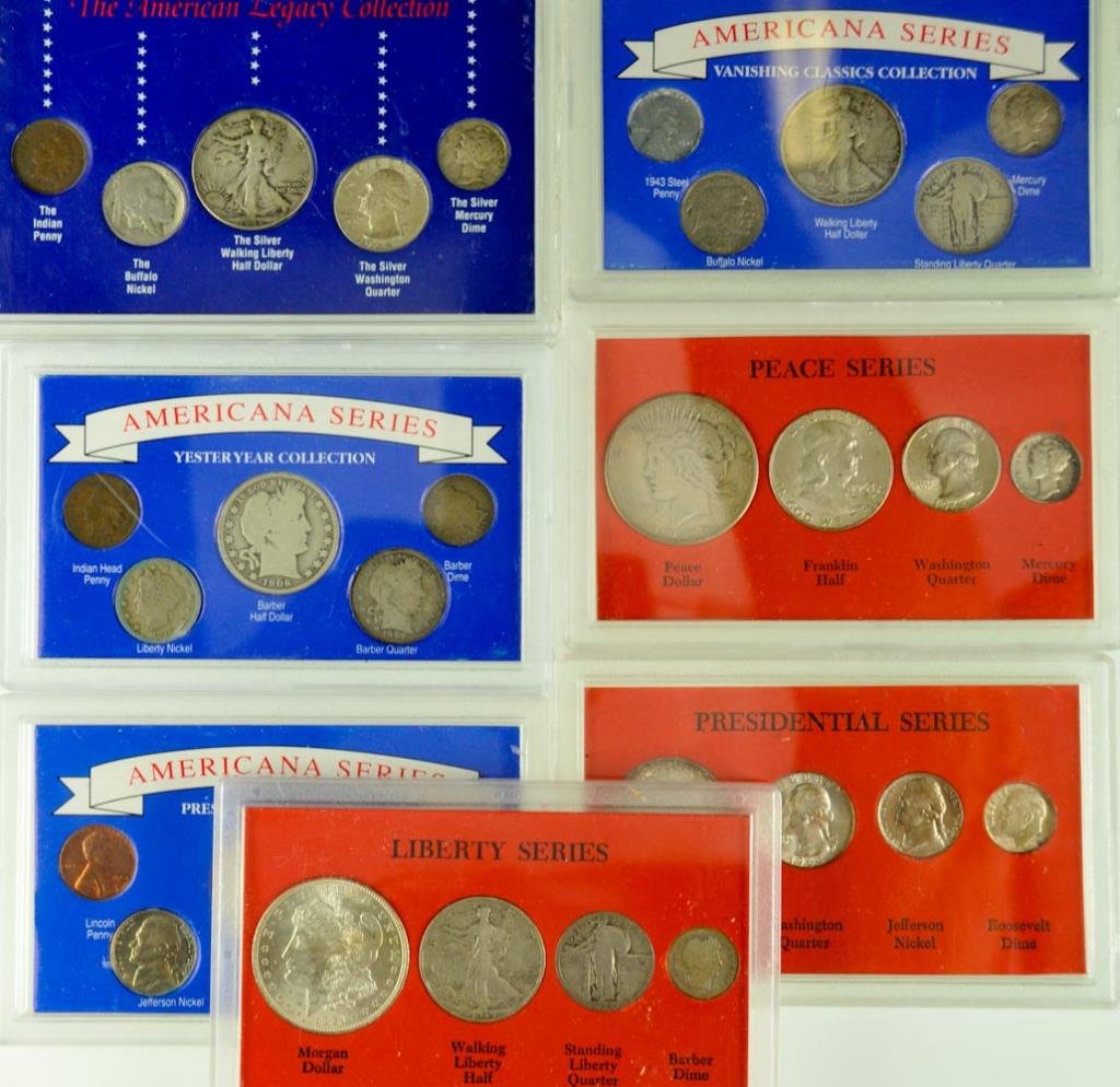 Lot of Silver Coins: Peace Series with 1922 Peace Dollar, 1963 Franklin Half, 1964 Washington Quarter, 1937 Mercury Dime----Liberty Series with 1921 Morgan Dollar, 1943 Walking Liberty Half, 1925 Standing Liberty Quarter,