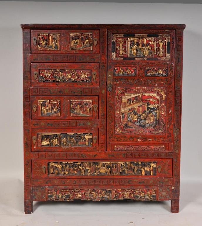 Chinese Gilt and Red Lacquered Cabinet: With four small drawers and one door over a single long drawer, each carved with reserves of figures in landscapes, both sides with incised and painted scenes of figures in landscapes, back with incis