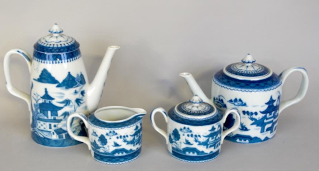 4-Pcs. Mottahedeh Porcelain Coffee & Tea Service: Canton style, Historic Charleston Reproductions by Mottahedeh; set includes coffee and tea pots, creamer and sugar; coffee pot 8 3/4"H; all in good condition