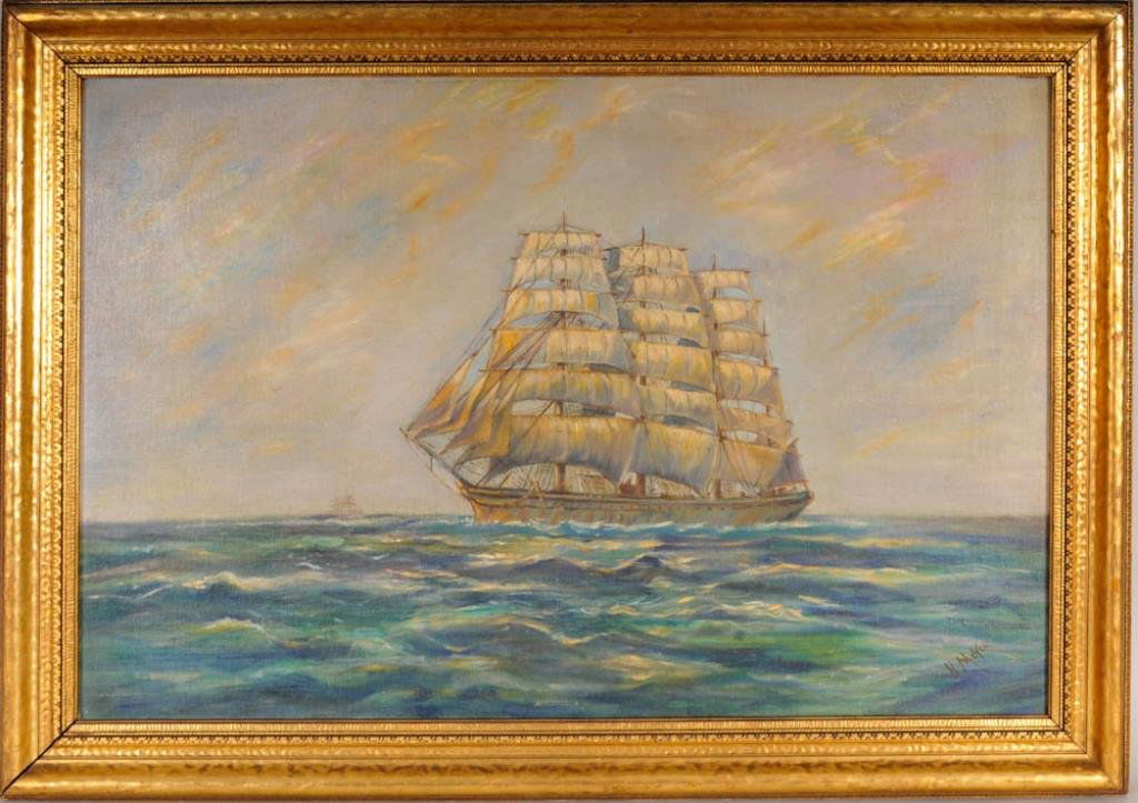 American School Painting: Depicting a three-mast tall ship at sea, signed lower right "N. Meyer", oil on canvas mounted on masonite, gilt wood frame with label verso for "M. Antoville Kappy / 2429 Broadway/ Bet. 89th and 90th