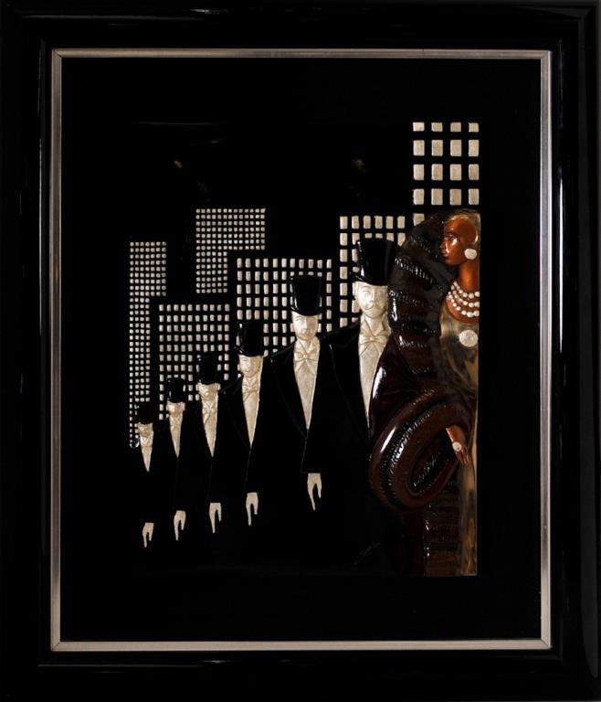 Erte "Top Hats" Bronze Wall Sculpture: Erte (Romain de Tirtoff, Russia/France, 1892-1990) relief bronze wall sculpture "Top Hats", edition 332/375, marked on side "1991 Chalk & Vermilion and Sevenarts 332/375"; mounted in black frame; scul