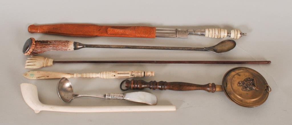 Lot of Miscellaneous Items: 19th century ivory back scratcher in the shape of a hand, 16"L; tip of index finger broken off---John Hasselbring martini spoon with antler and sterling silver mounted handle, marked "JH Sterling 26",