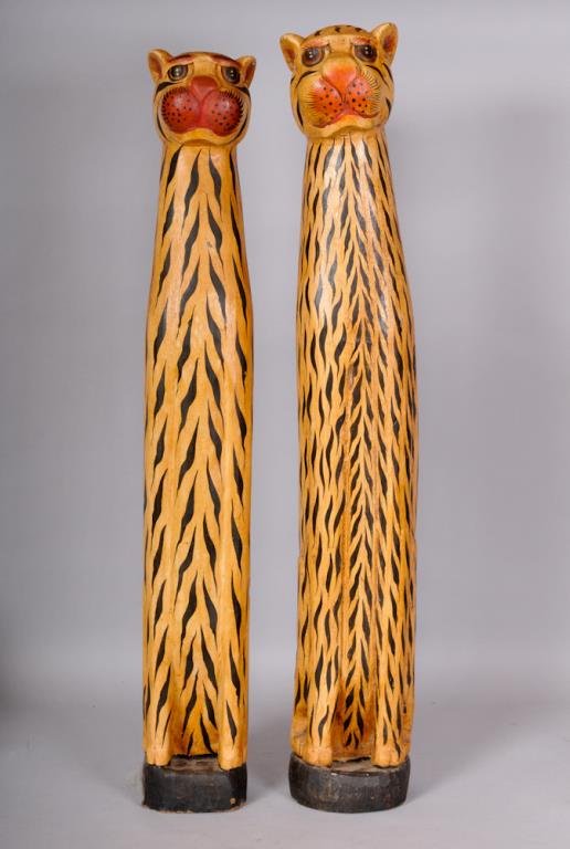 Pr. of Carved and Painted Folk Art Wood Cats: Late 20th century; 36 1/2"H and 38"H; good condition with minor chips to paint