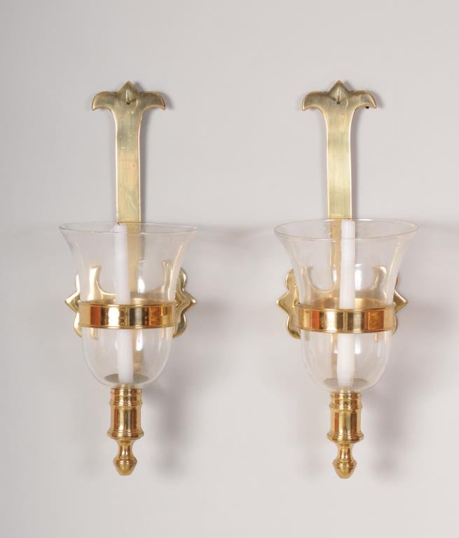 Pr. Brass Wall Sconces: Brass frame with blown glass globes, brass button head mounting screws; unmarked high quality reproduction; 20 1/2"H, 7"D; good condition