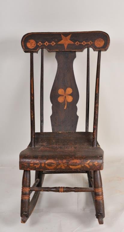 Grain-Painted & Stencil Decorated Rocking Chair: Probably New England, first half 19th century, crest with star and other geometric designs, back splat with four-leaf clover; 36 3/4"H, 17"W, seat height 15 1/2"